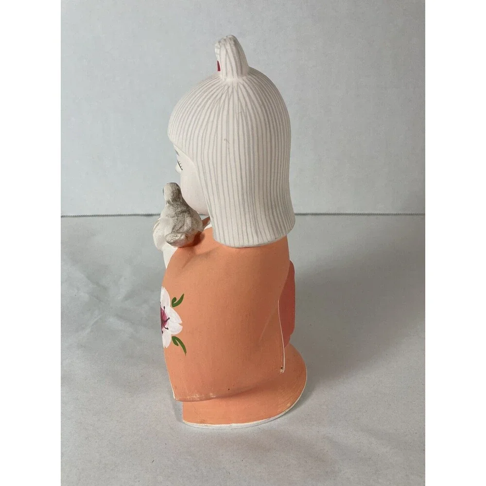 Vtg Japanese Doll Pottery Ornament Girl Hakata Showa Retro Holding Bird Japan